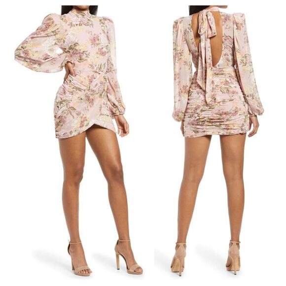 LAVISH ALICE Floral Long Sleeve Open Back Chiffon Minidress Size US/6 - Picture 1 of 10